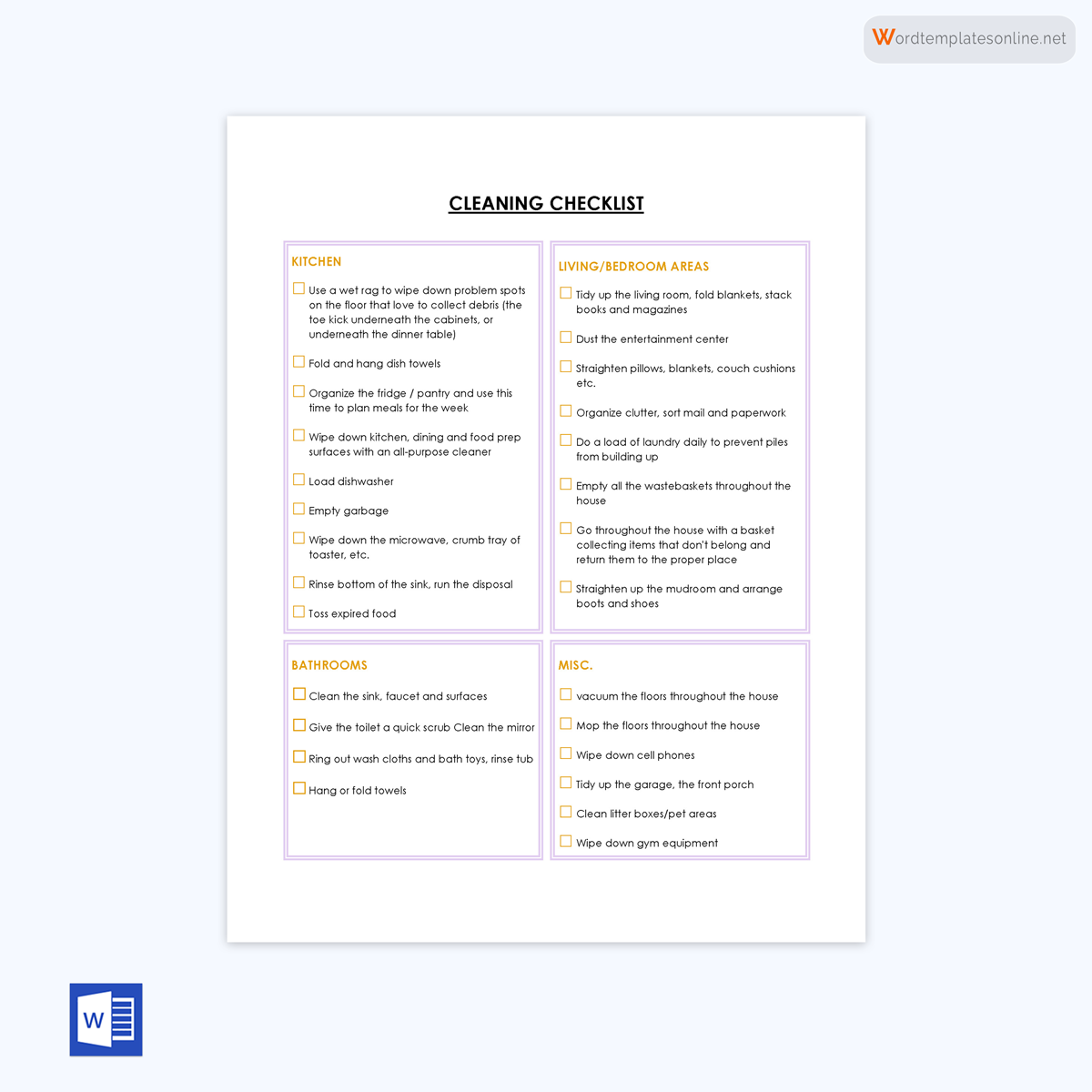 Editable Cleaning Checklist Template - Free Sample