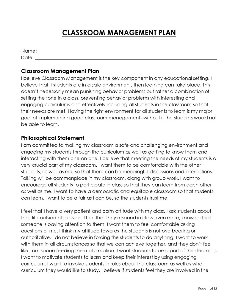 classroom management plan example pdf