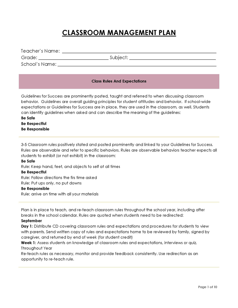 elementary classroom management plan template
