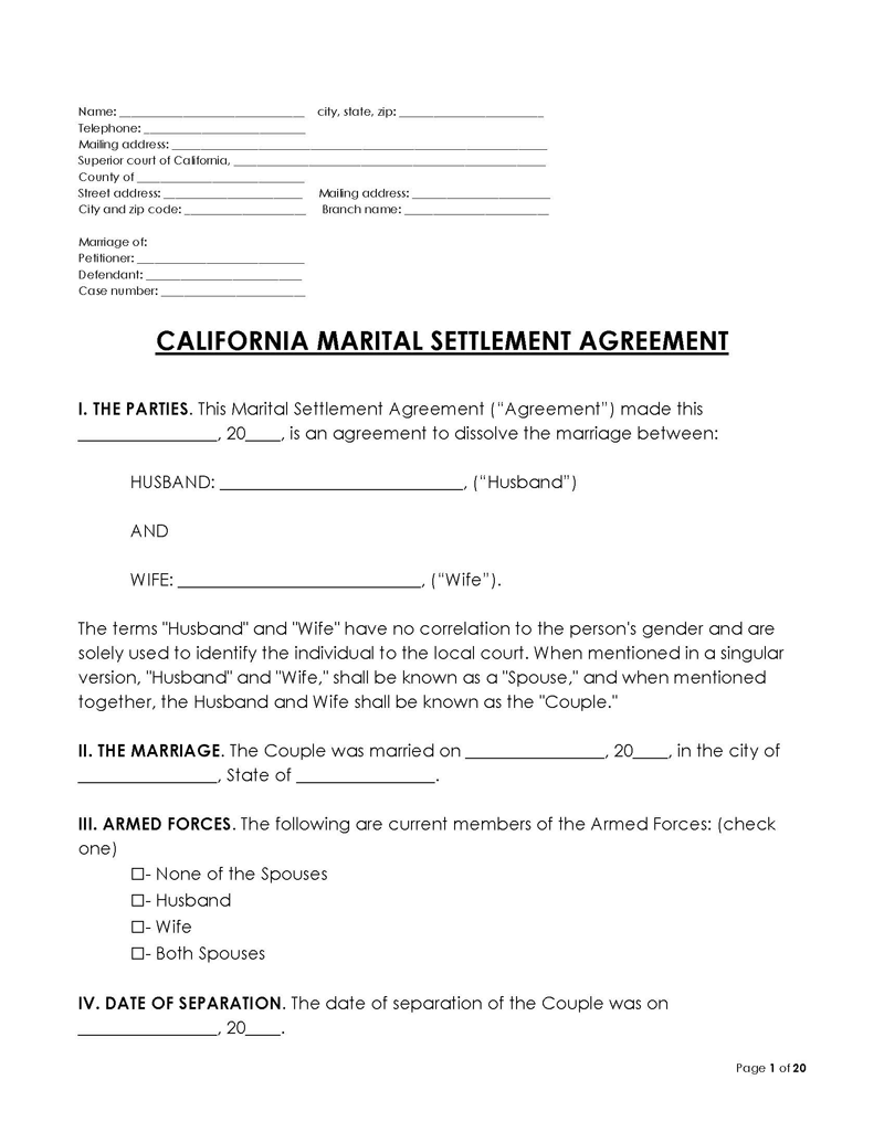 California Divorce Settlement Agreement