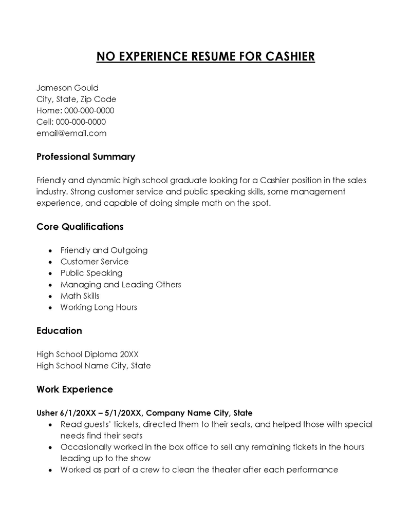 No Experience Resume for Cashier