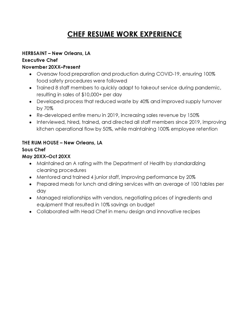 Chef Work Experience in Resume