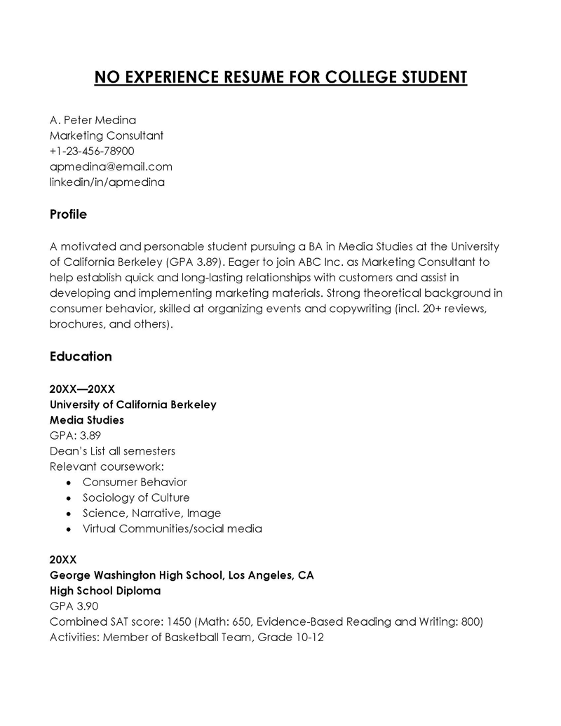 No Experience Resume for College Student