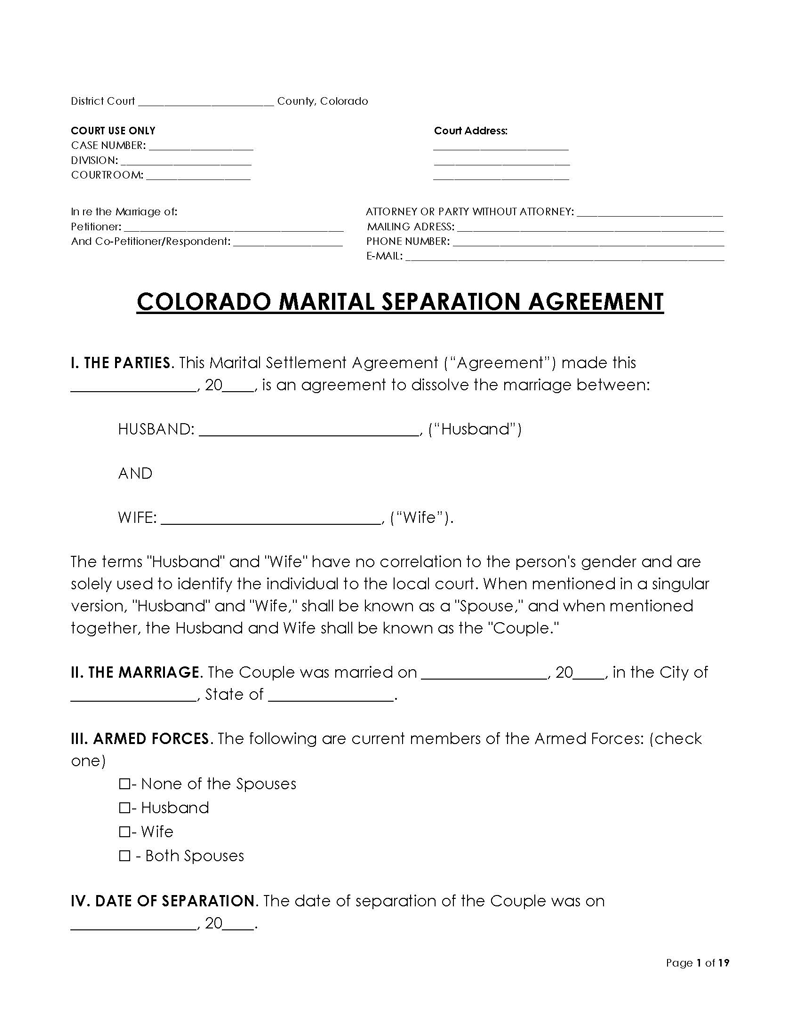 Colorado Divorce Settlement Agreement