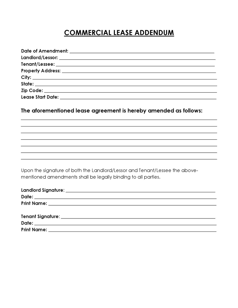 Printable Commercial Lease addendum Example