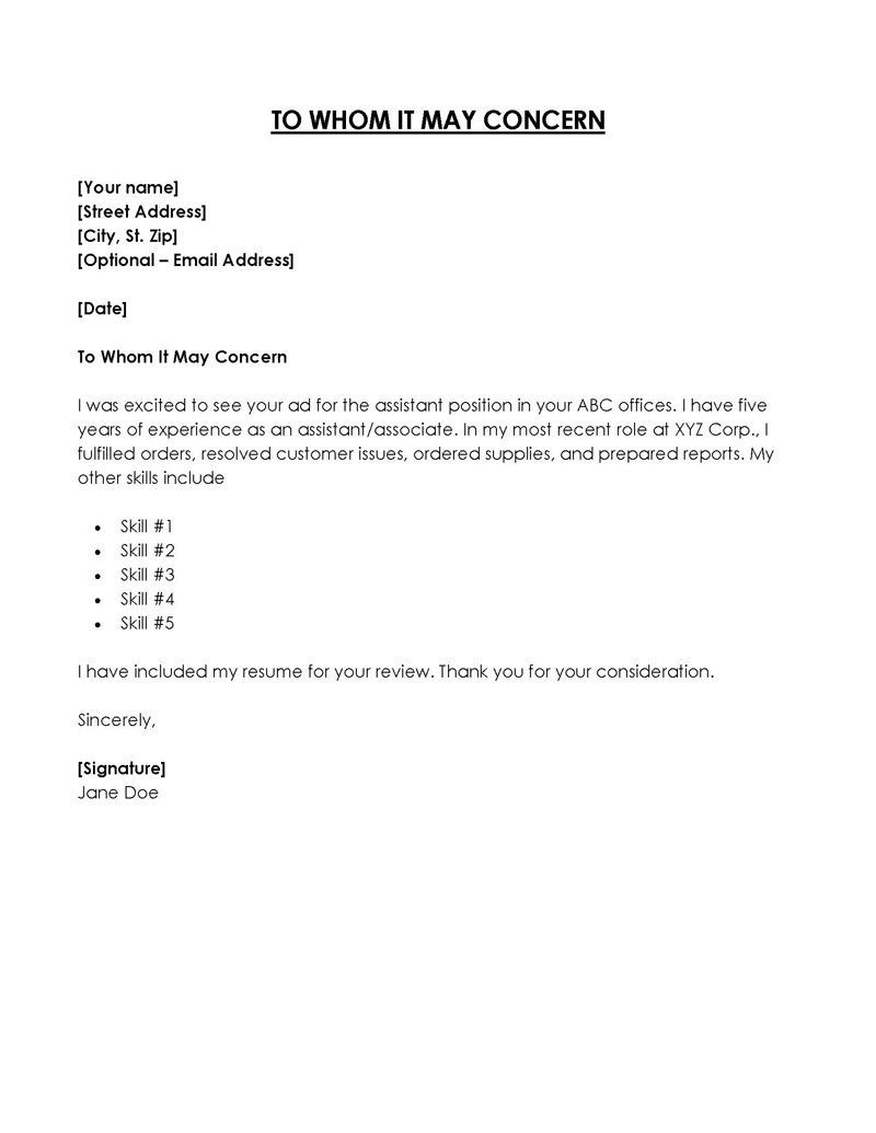 Free Professional Assistant To Whom It May Concern Letter Sample as Word Document