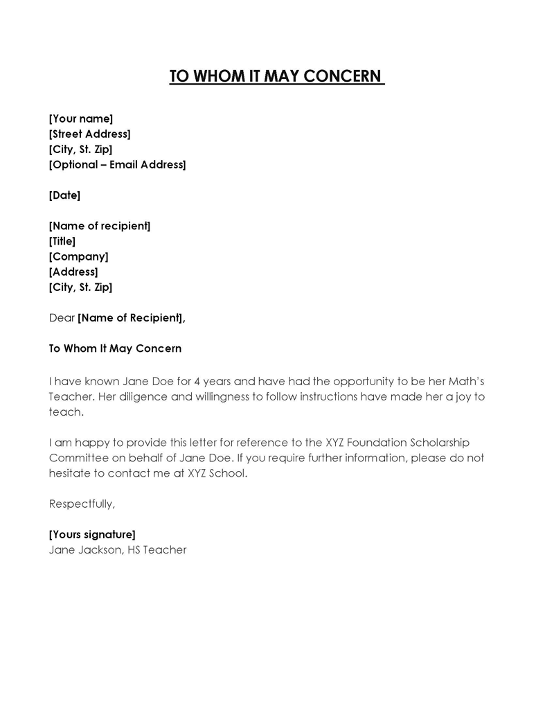 Free Professional Math Teacher To Whom It May Concern Letter Sample as Word Document
