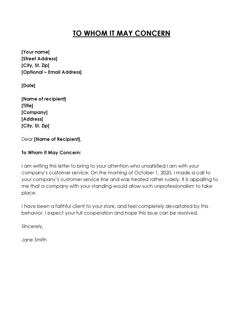 Professional Editable Customer Service To Whom It May Concern Letter Sample as Word Document