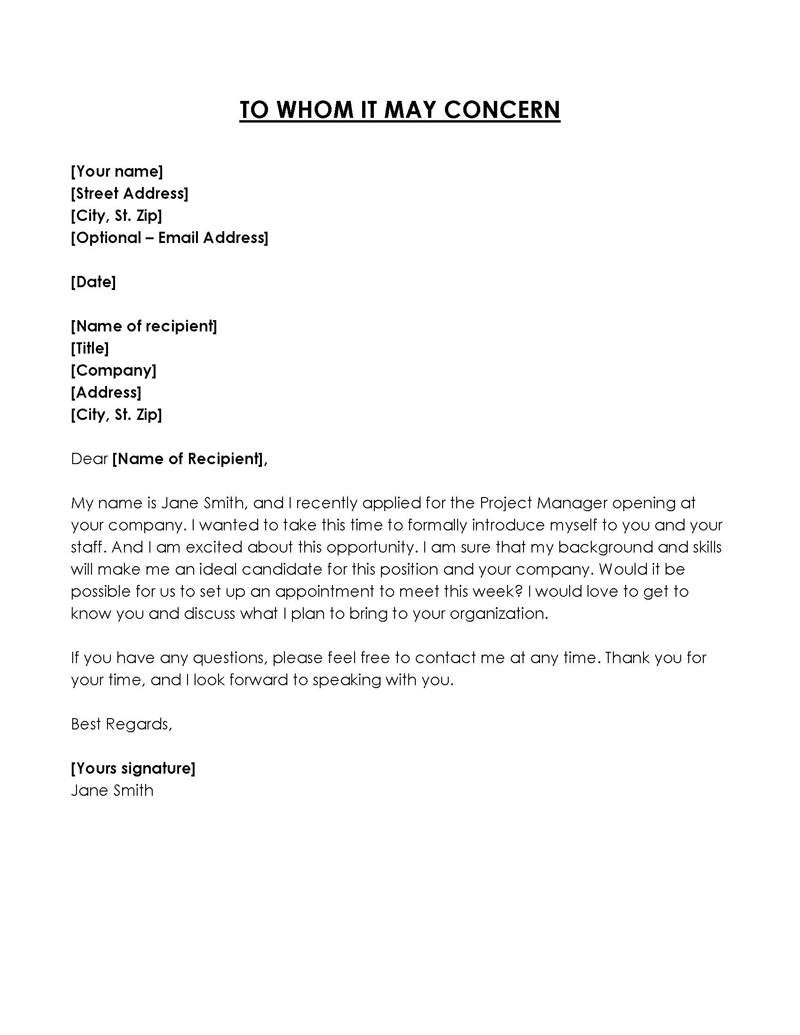 Professional Editable Project Manager To Whom It May Concern Letter Sample as Word Document