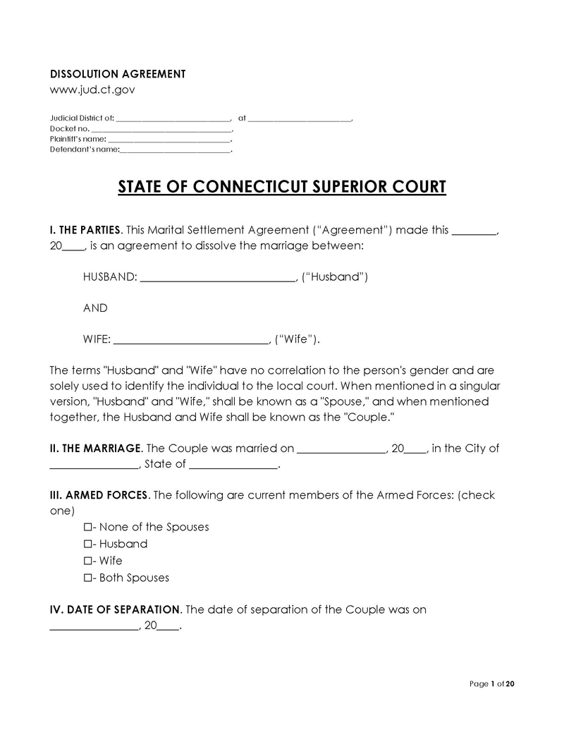 Connecticut Divorce Settlement Agreement