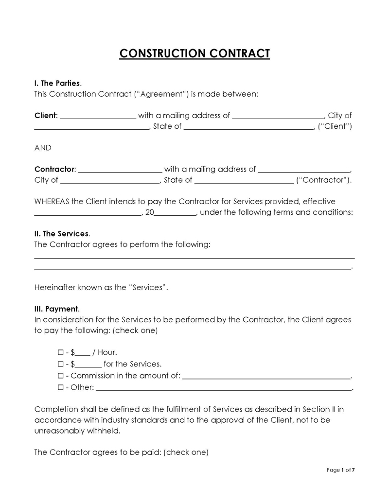 Great Editable Construction Contract Template as Word Format