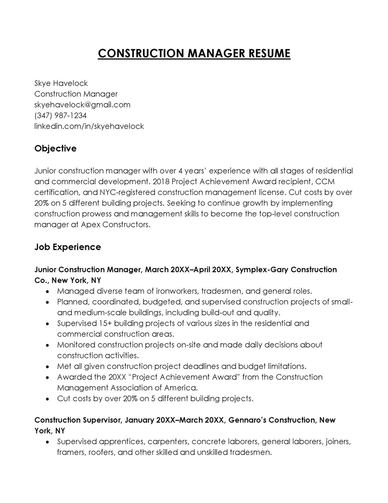 Construction Manager Resume