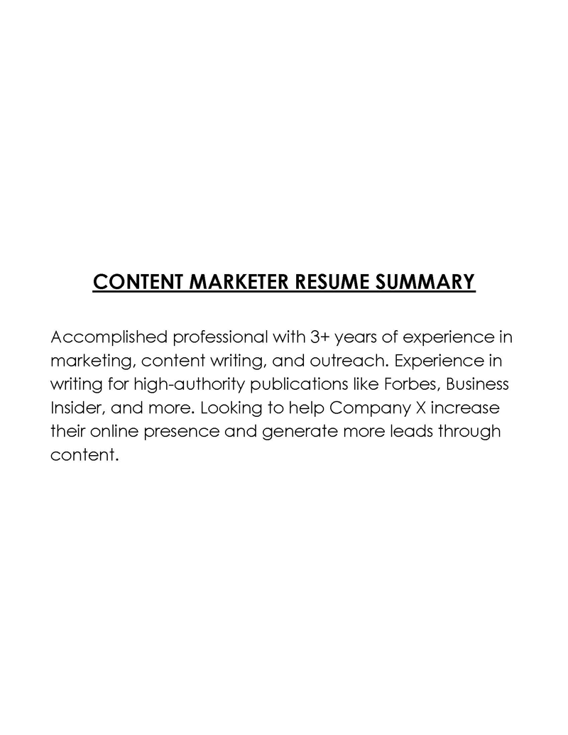 Content Marketer Free resume summary template with word