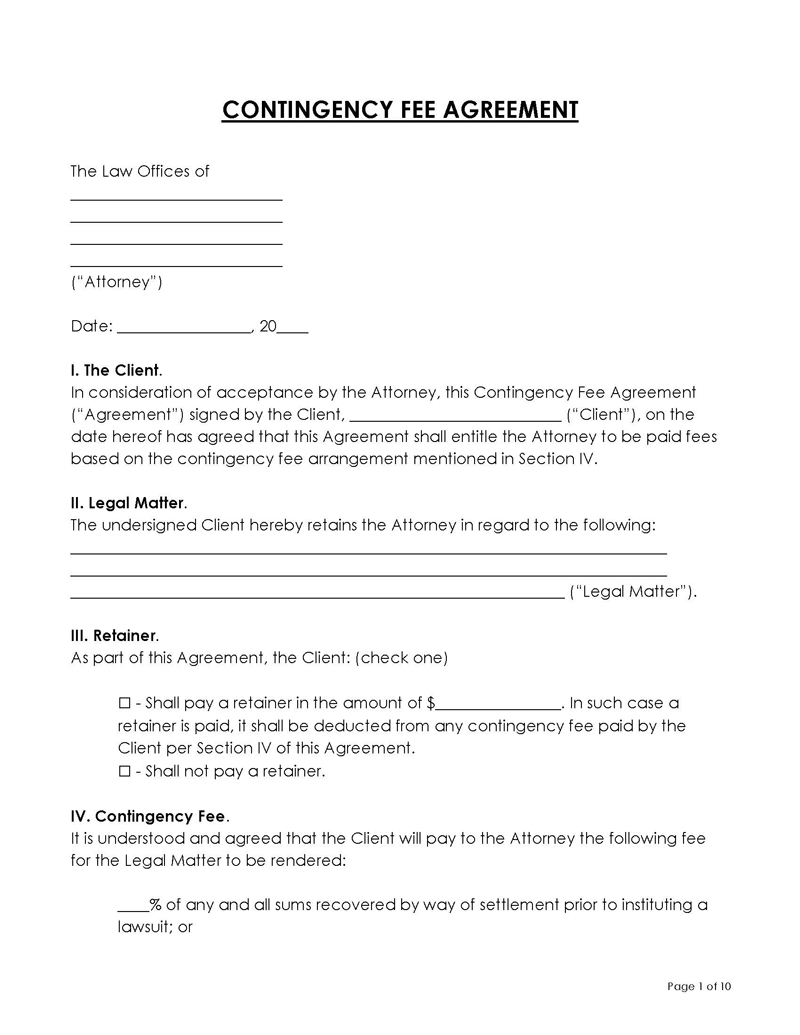 Great Professional Contingency Fee Agreement Template 01 as Word Document
