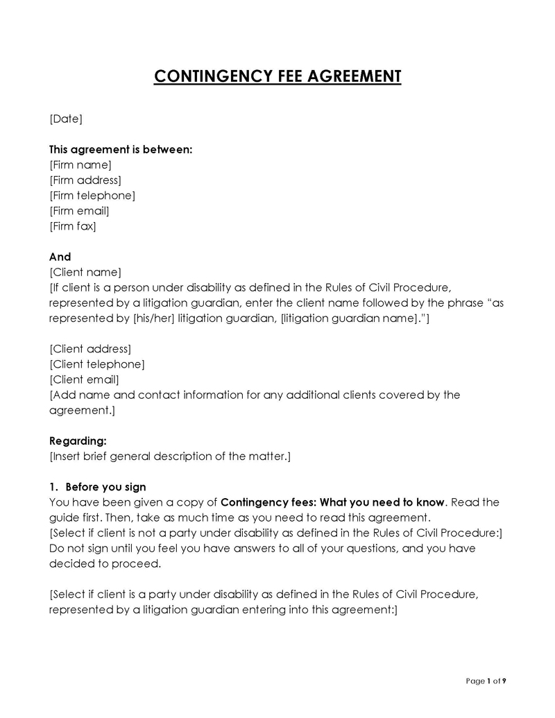 Great Professional Contingency Fee Agreement Template 02 as Word Document