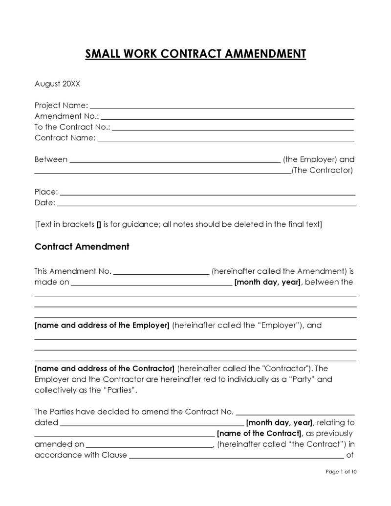 Free Customizable Small Work Contract Amendment Template for Word File