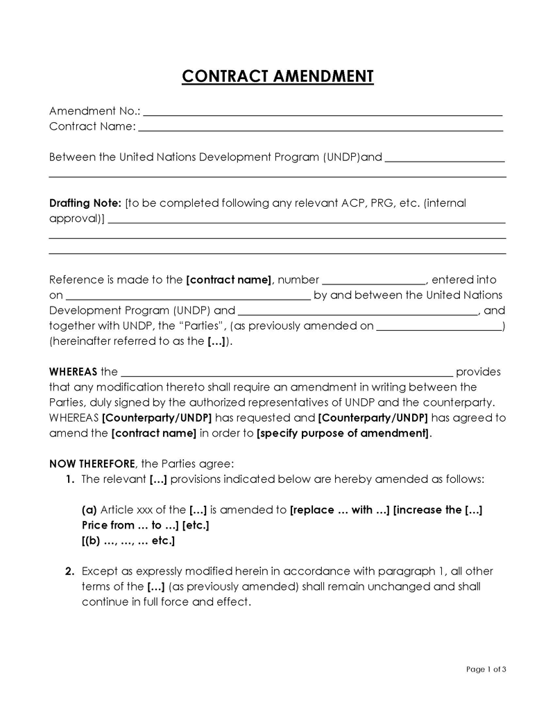 Free Customizable Contract Amendment for UNDP Template for Word File