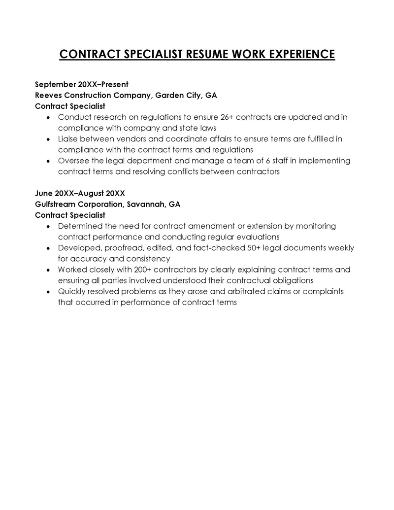 Contract Specialist Work Experience in Resume