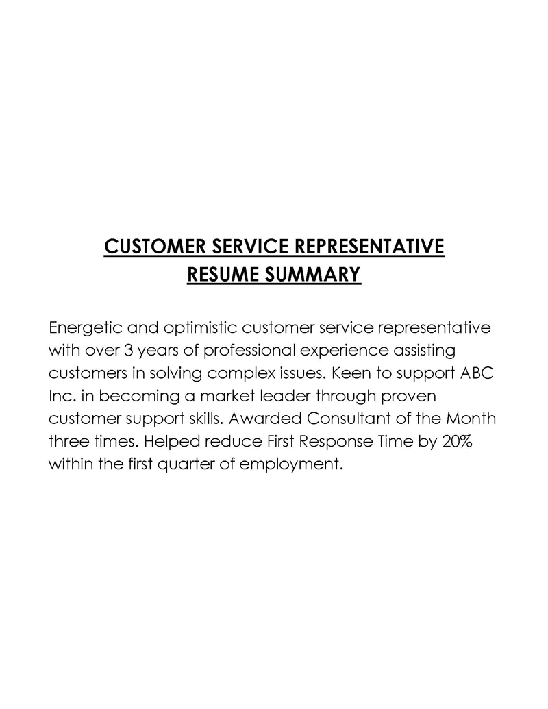 Customer Service Representative Free resume summary template with word