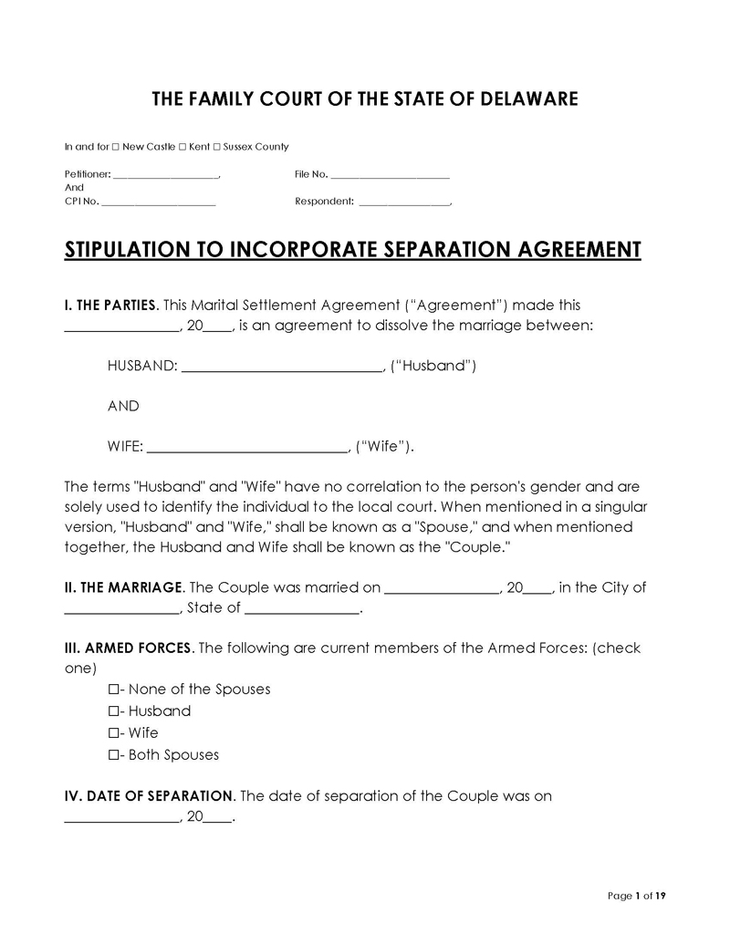 Delaware Divorce Settlement Agreement