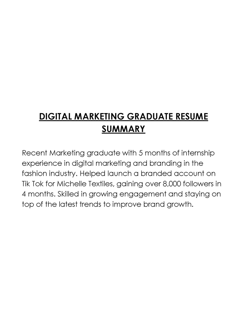 Digital Marketing Graduate Free resume summary template with word