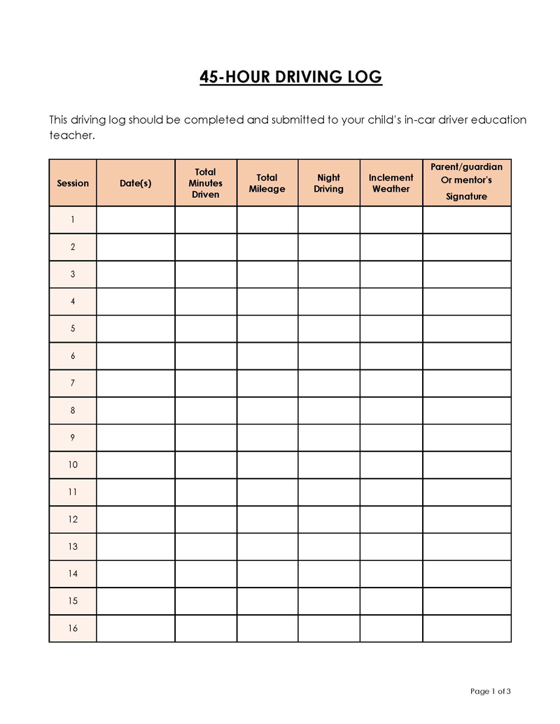 Free Printable 45-Hour Driving Log Template as Word Format