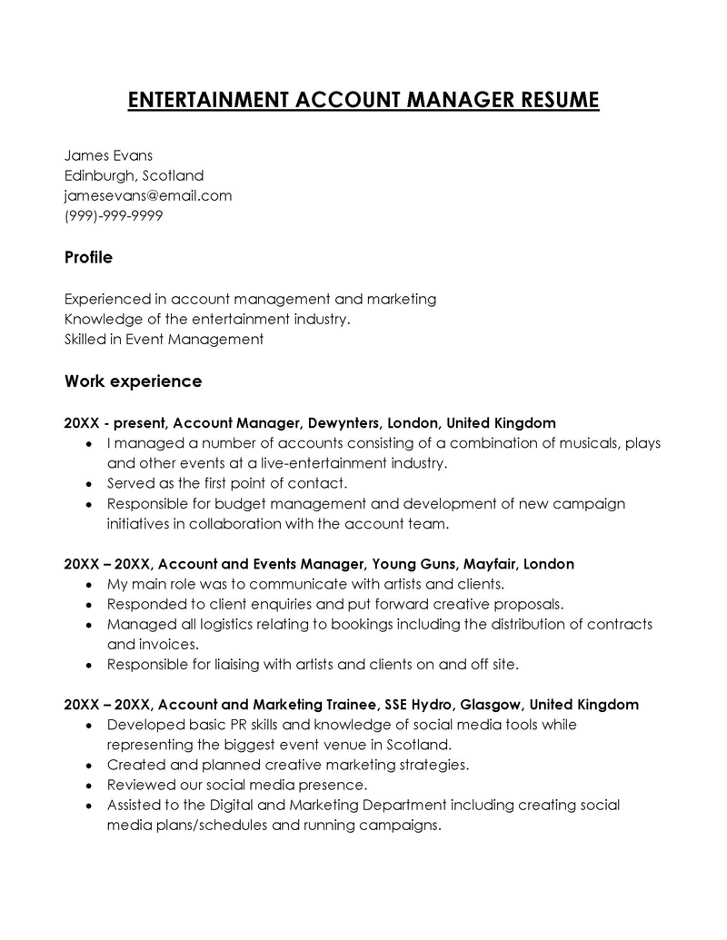 Entertainment Account Manager Resume Sample