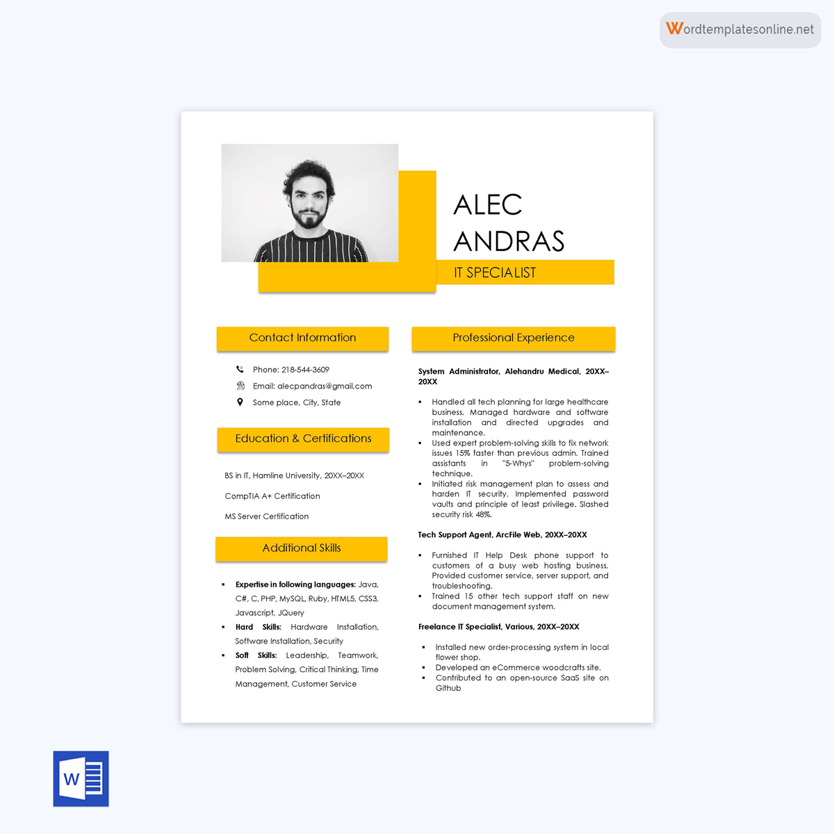 Entry Level IT Resume Word Template Example 01
