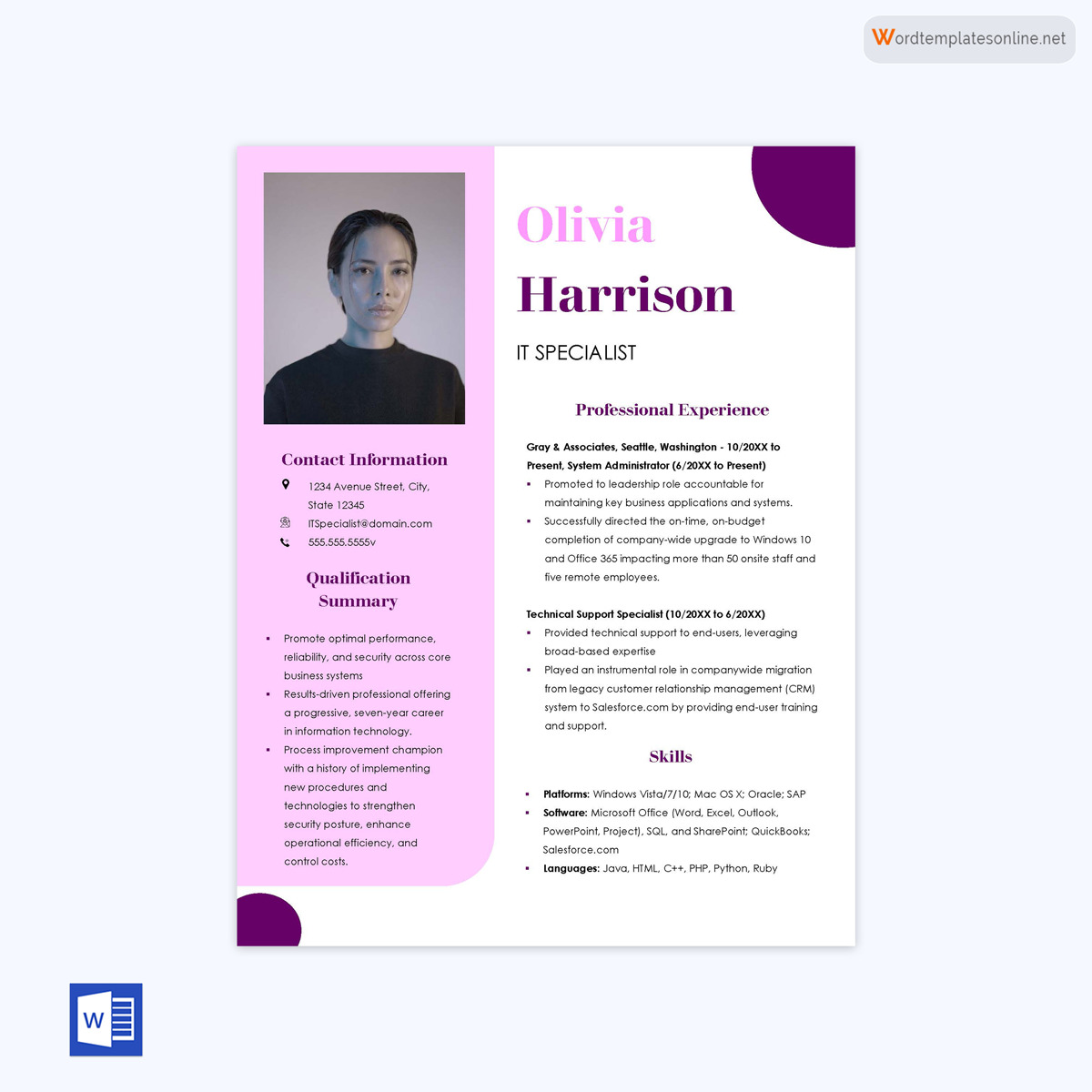 Entry Level IT Resume Word Template Example 03