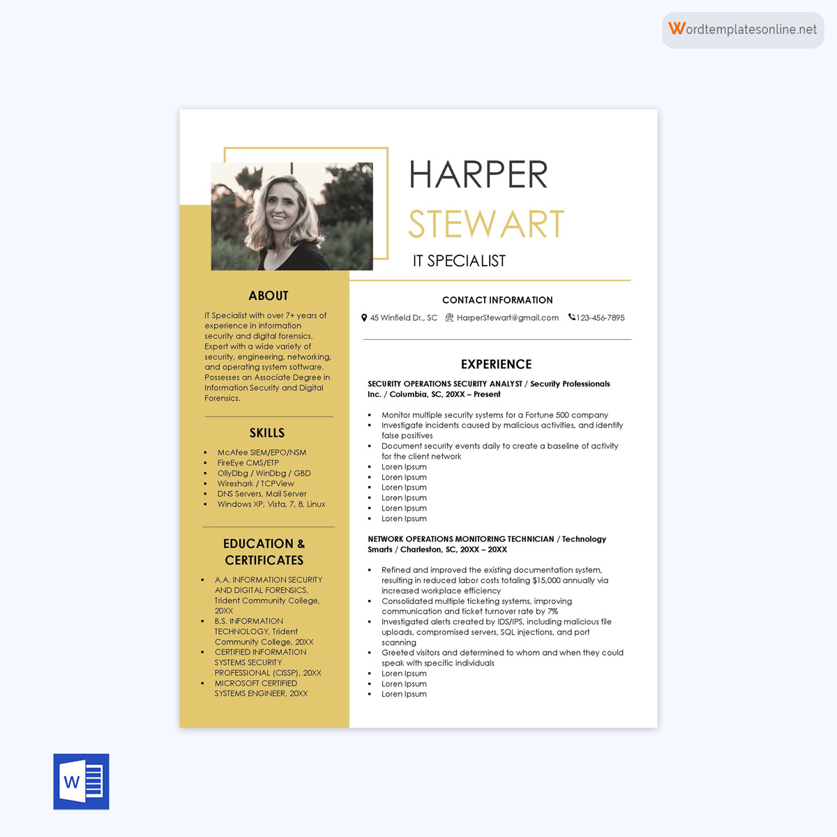 Entry Level IT Resume Word Template Example 04