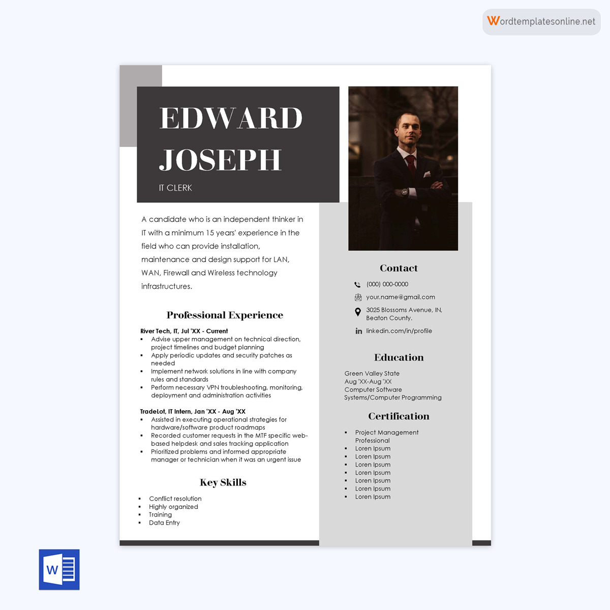 Entry Level IT Resume Word Template Example 08
