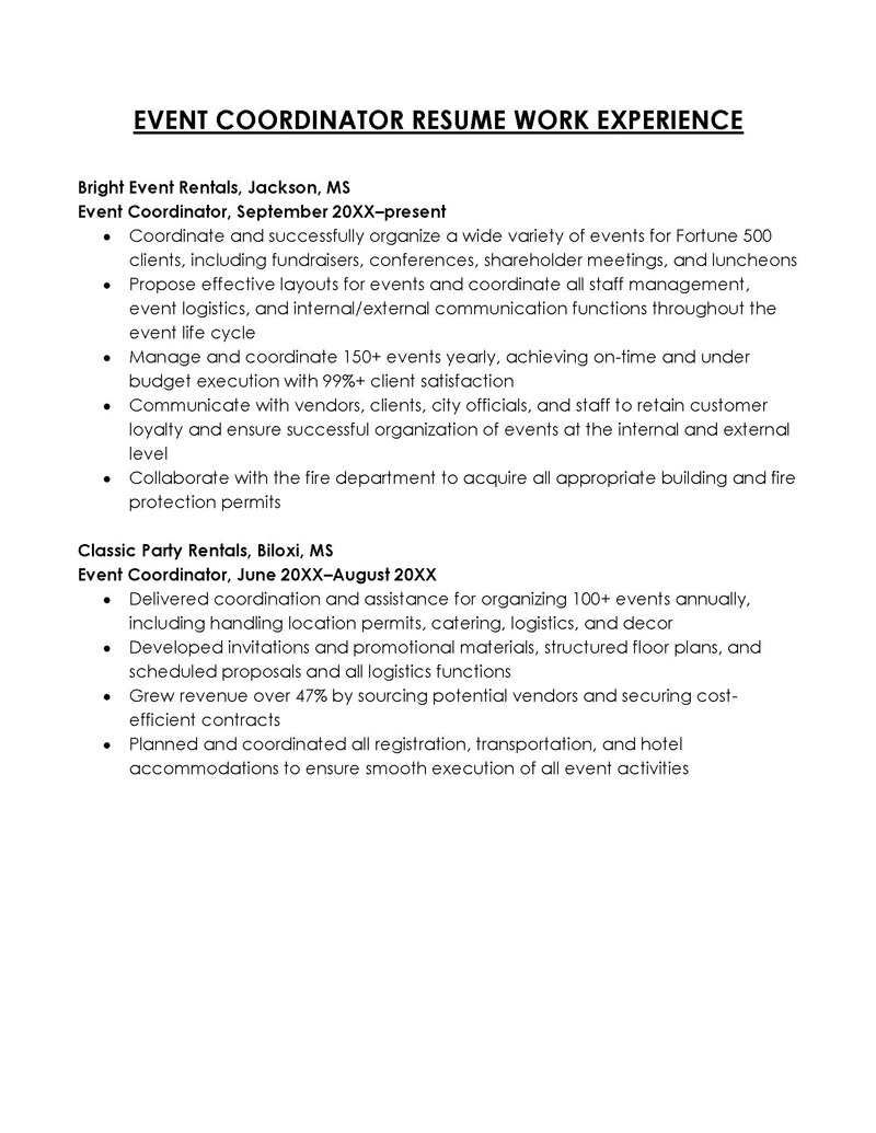 Free Event Coordinator Work Experience in Resume Sample