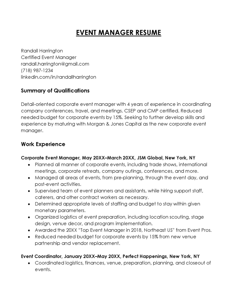 Event Manager Resume