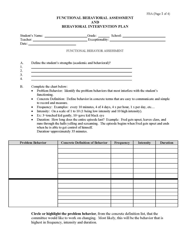 Great Comprehensive Functional Behavioral Assessment and Intervention Plan Sample for Word Document