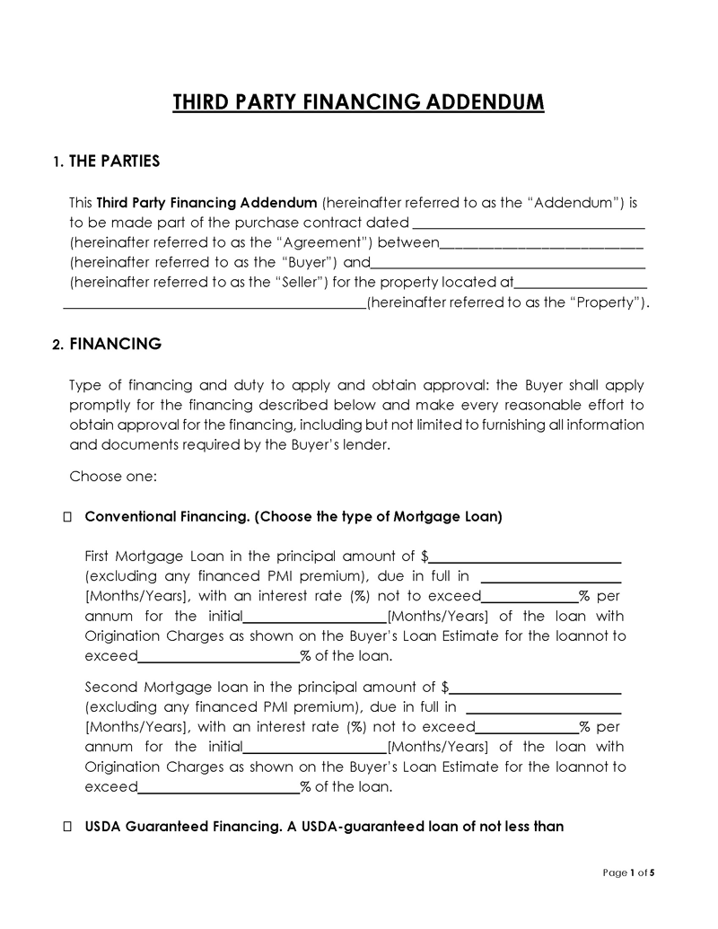 Free Printable Third Party Financing Addendum Form 04 in Word Format