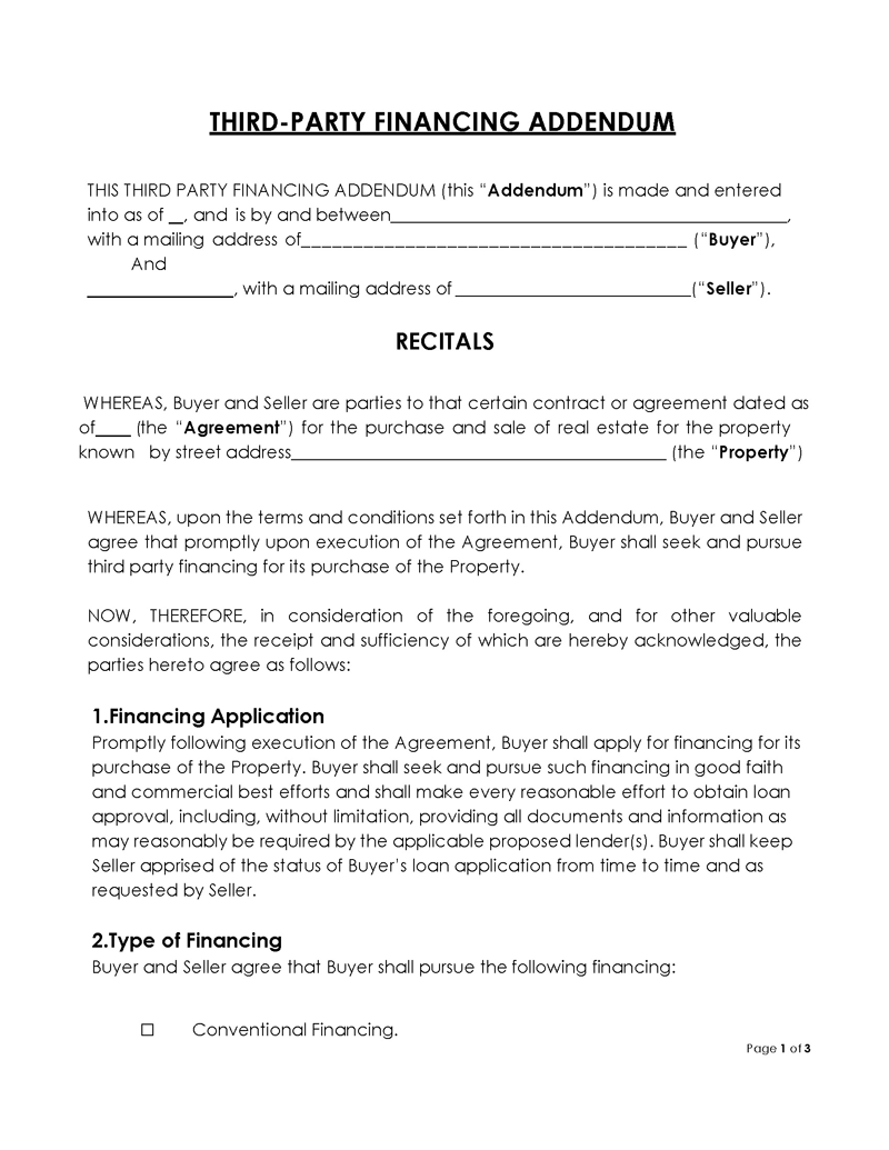 Free Printable Third Party Financing Addendum Form 01 in Word Format