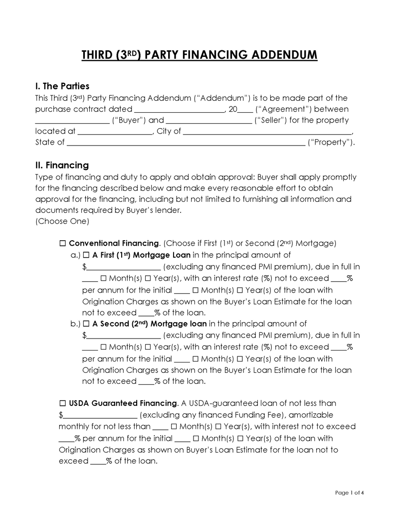 Free Printable Third Party Financing Addendum Form 02 in Word Format