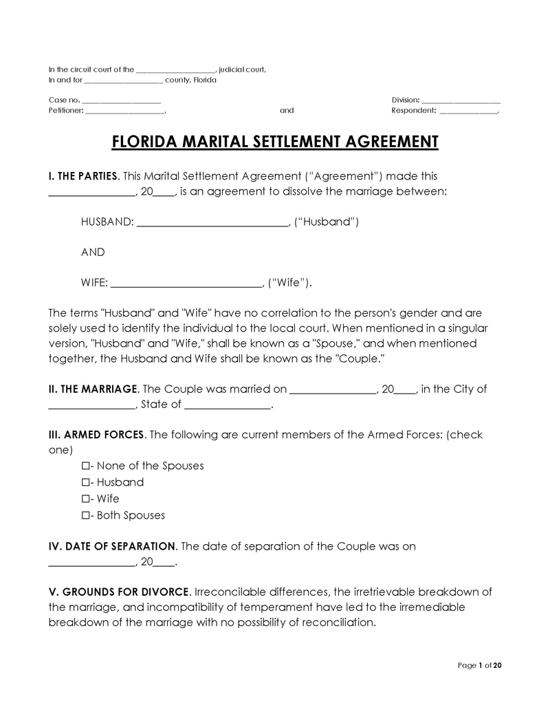 Florida Divorce Settlement Agreement