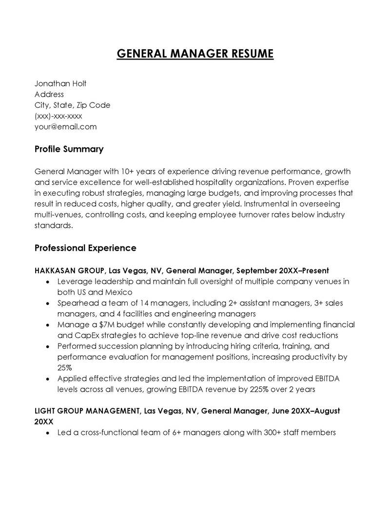 Word Free General Manager Resume Template