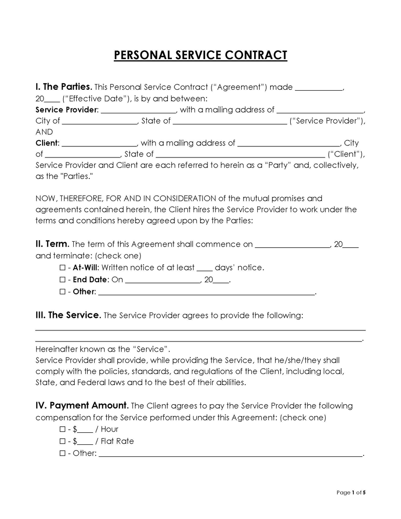 Personal General Service Contract Sample