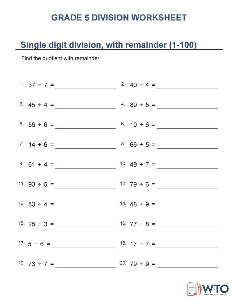 Long division worksheets grade 5