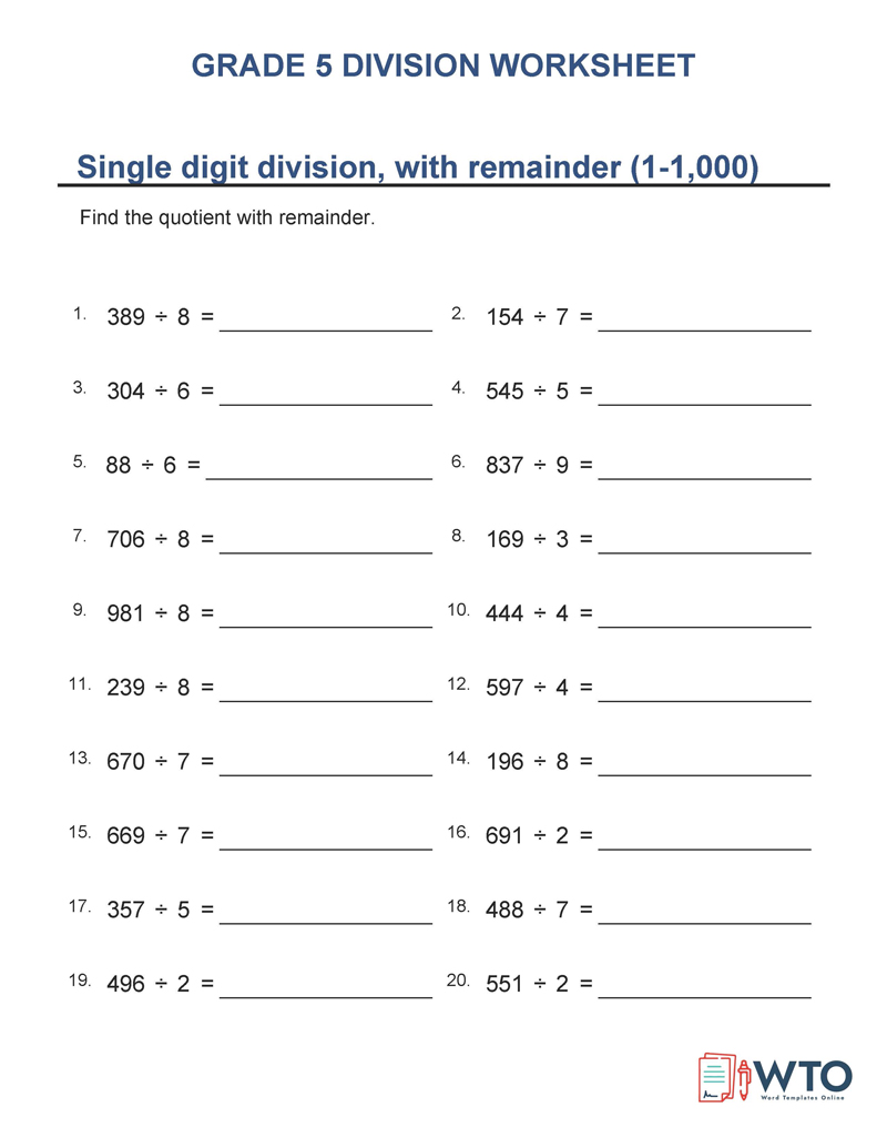 Printable Division Worksheets with Examples for Grade 5