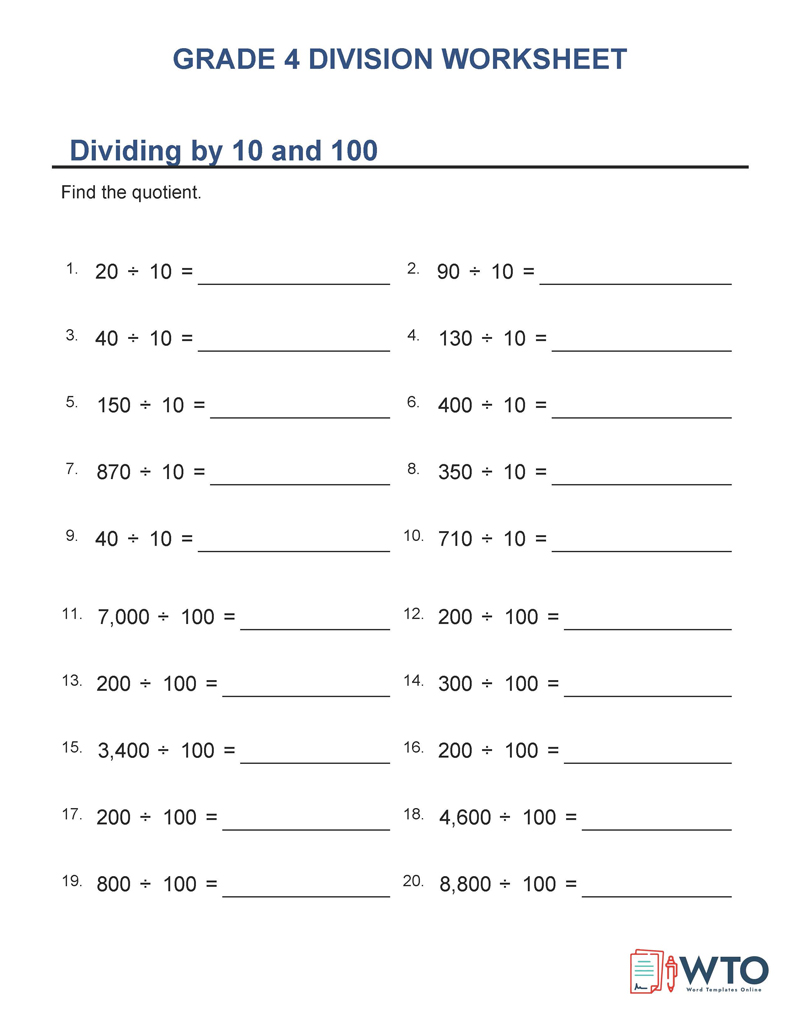 Free printable division worksheets for Grade 4