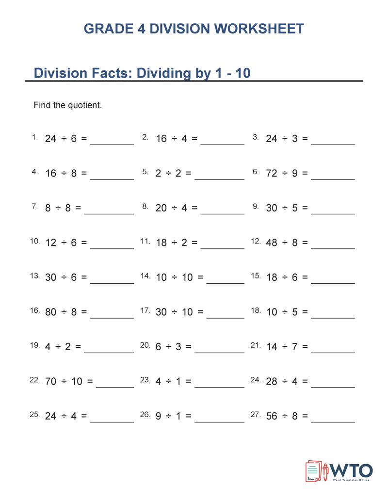 Editable division worksheets for Grade 4