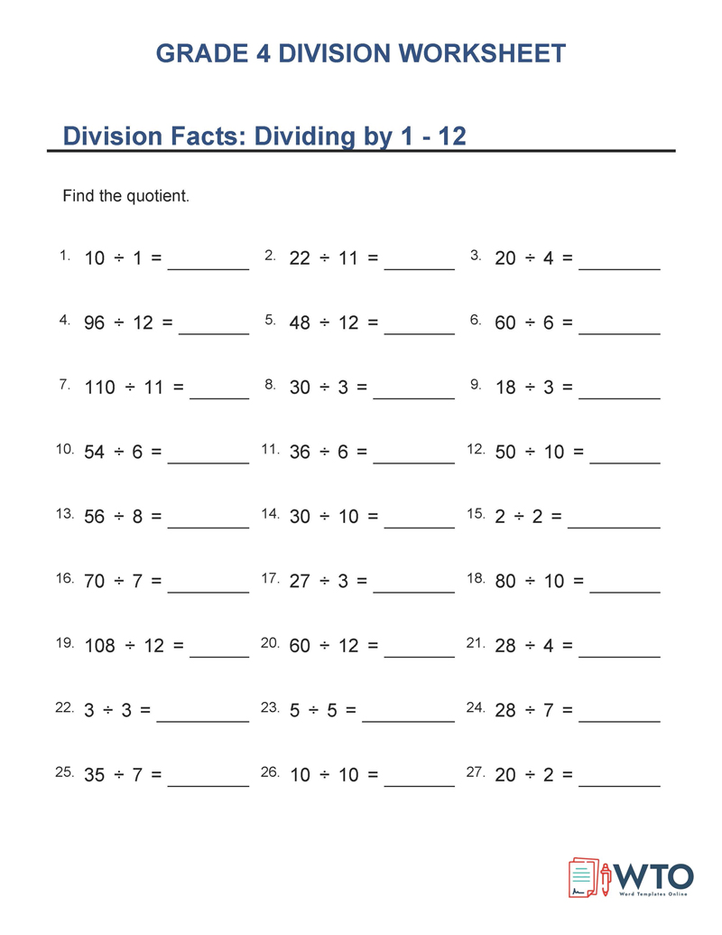 Printable division worksheet examples for Grade 4