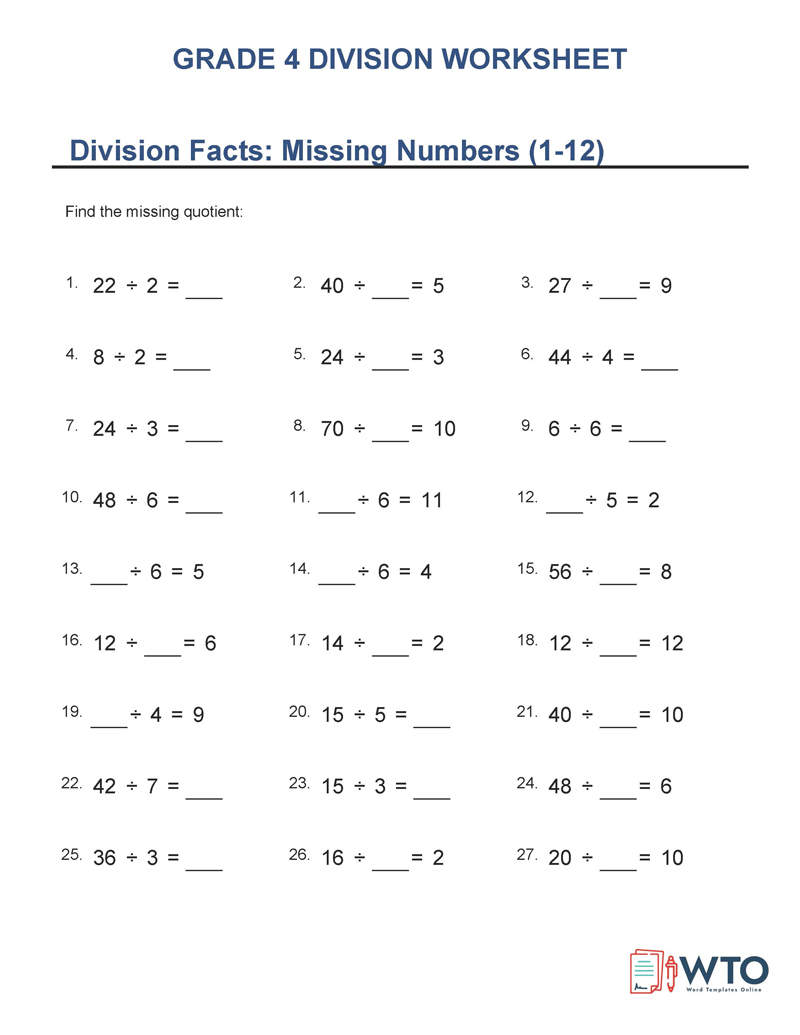 Grade 4 division worksheet templates for free