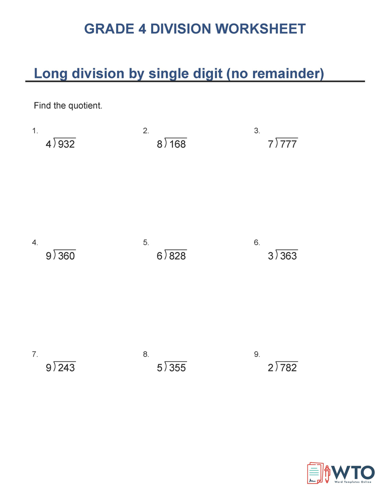 Downloadable Grade 4 division worksheet sample