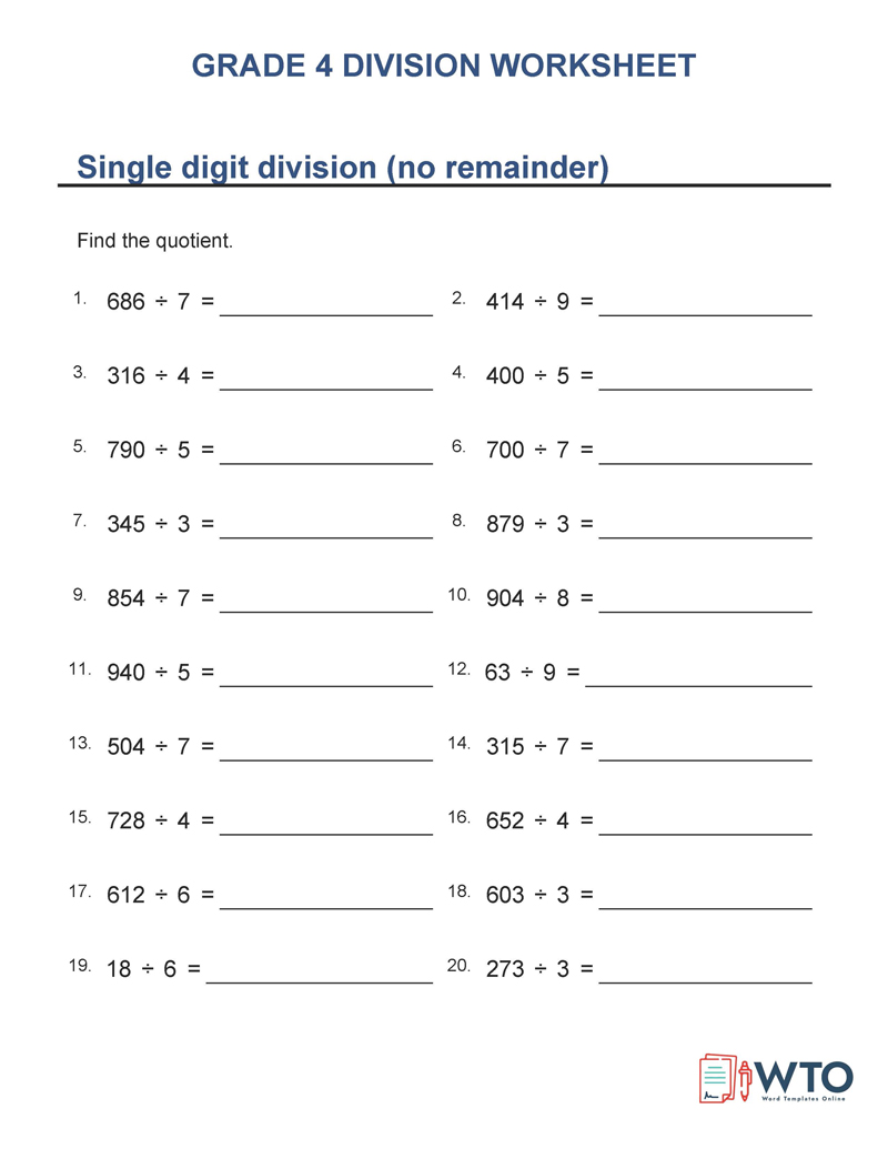 Printable Grade 4 division worksheet example