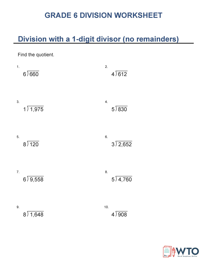 Free Grade 6 Division Worksheets in Printable PDF Format