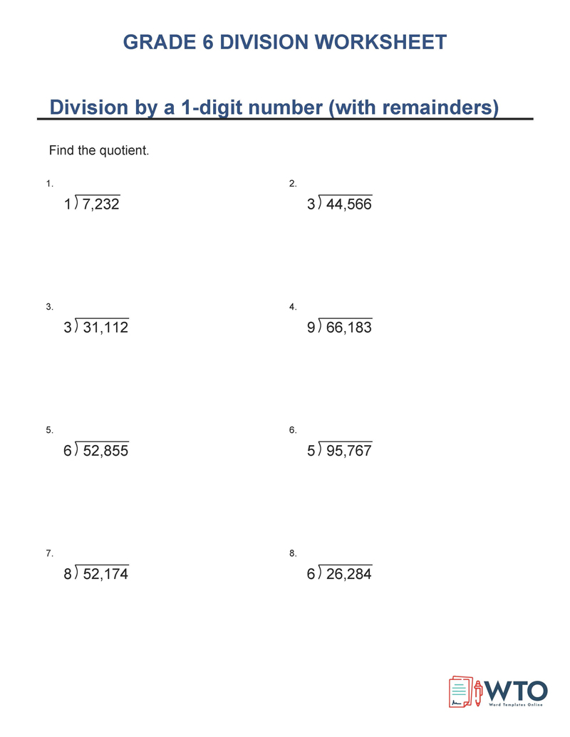 Printable Division Worksheets for Grade 6